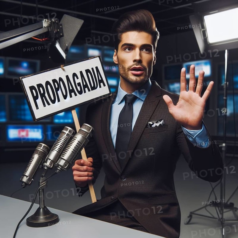Man holding a 'PROPAGANDA' sign in a television studio, with multiple microphones around, ai generated, AI generated
