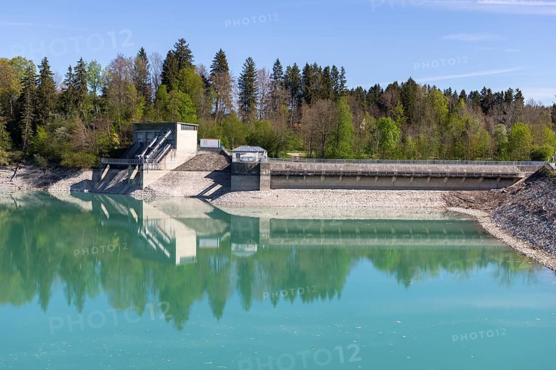 Lech barrage at Forggensee, Lech, power station, head reservoir, flood protection, flood regulation, energy generation, energy storage, Rosshaupten, Ostallgaeu, Allgaeu, Bavaria, Germany, Europe