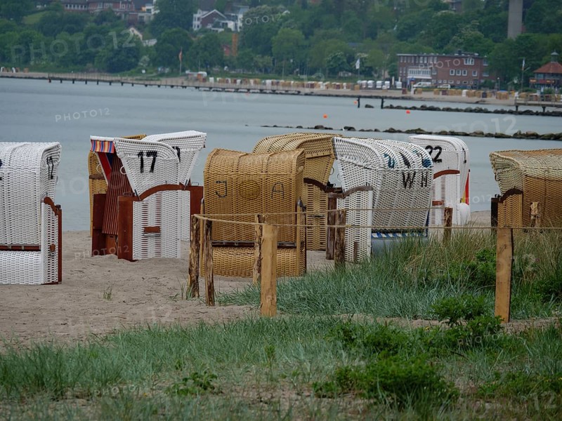 Beach chairs on a sandy beach along the coast, with dense vegetation and houses in the background, beach chairs on a quiet sandy beach by the sea, clouds over the sea, Eckernfoerde, germany