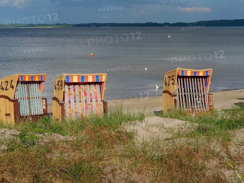 Some beach chairs standing next to each other on the sandy beach, the calm sea and the cloudy sky in the background, beach chairs on a quiet sandy beach by the sea, clouds over the sea, Eckernfoerde, germany