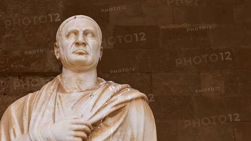 Ancient marble sculpture of a man in toga with fine drapery, statue from the 1st century BC, courtyard, Grand Master's Palace, Knights' Town, Rhodes Town, Rhodes, Dodecanese, Greek Islands, Greece, Europe