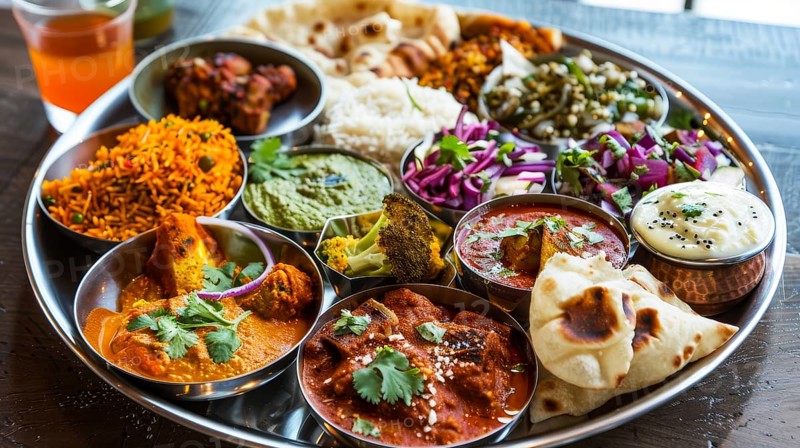 A traditional Indian thali filled with a variety of colorful, spiced dishes, AI generated