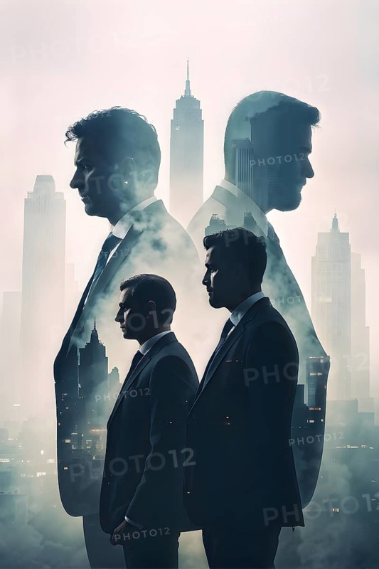 Silhouette of two businessman against a backdrop double exposure that reveals a destroyed cityscape, AI generated