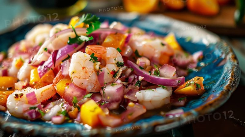 A colorful bowl of shrimp ceviche with mango, onion, and cilantro garnishes, AI generated