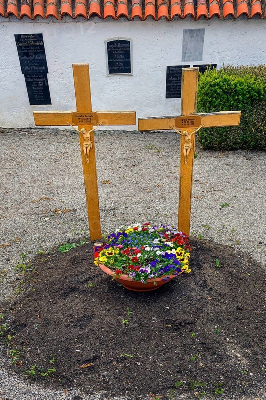 Simple grave with two crosses near the cemetery church of St Stephan, Irsee, Swabia, Bavaria, Germany, Europe