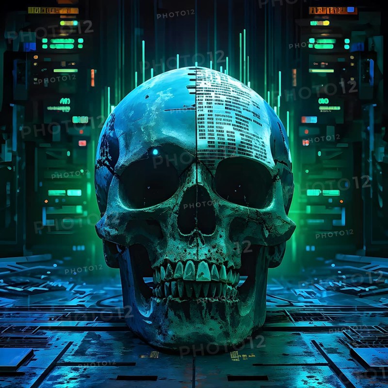 Broken skull with a cascade of binary digits forming a tidal wave stream, AI generated