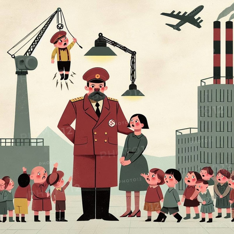An authoritarian leader stands with children and machinery around, representing propaganda and industrial imagery, ai generated, AI generated