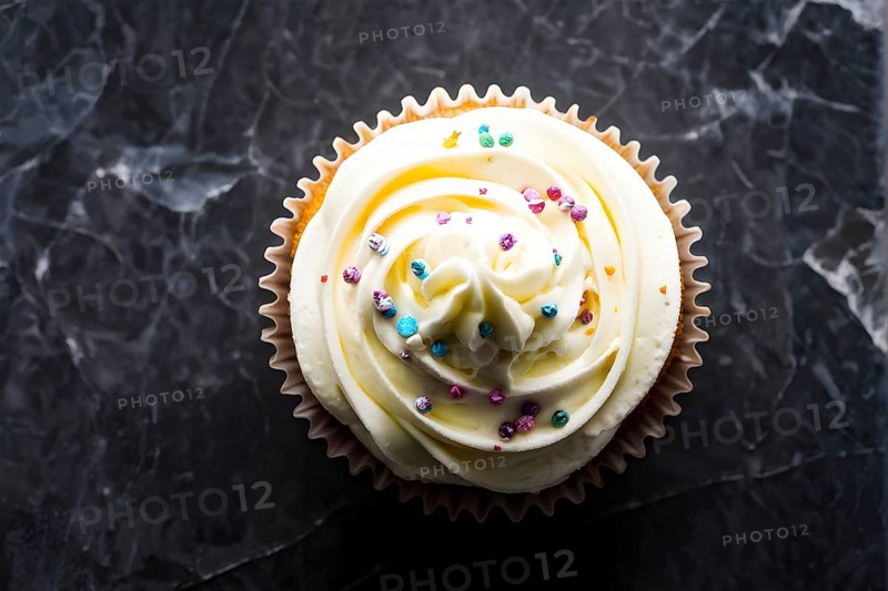 Cupcake with swirls of buttercream frosting in vanilla cream, AI generated