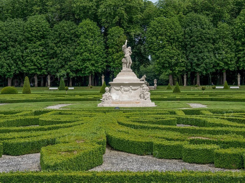 Extensive baroque garden with symmetrical hedge pattern and imposing sculptures, surrounded by trees, park with green hedges, small paths and old statues, nordkirchen, germany