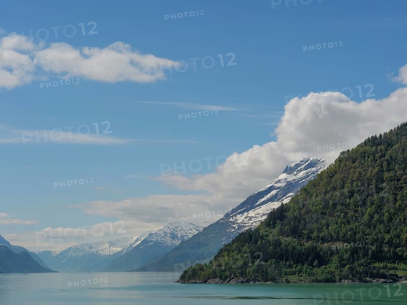Snow-capped mountains next to a calm lake under a clear blue sky with some clouds, greenish shimmering water in a fjord with snow-capped mountains and green trees, eidfjord, Norway, Europe