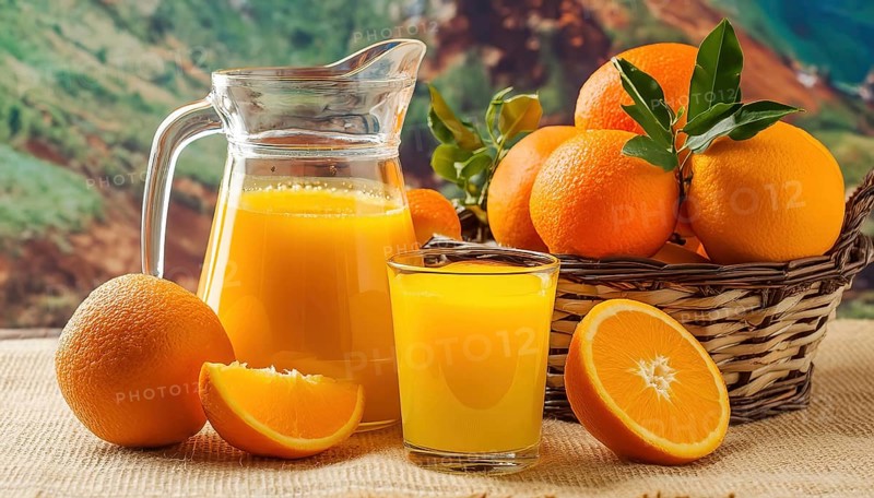 A glass and a jug of orange juice next to a basket of oranges and green leaves in a natural setting with mountains in the background, AI generated, AI generated