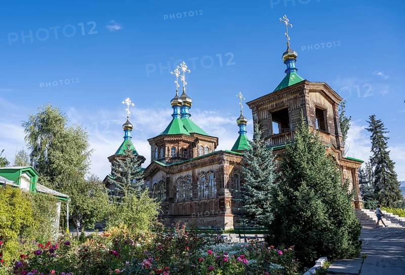 Russian Orthodox Church Cathedral of the Holy Trinity, wooden church with green spires, Karakol, Kyrgyzstan, Asia