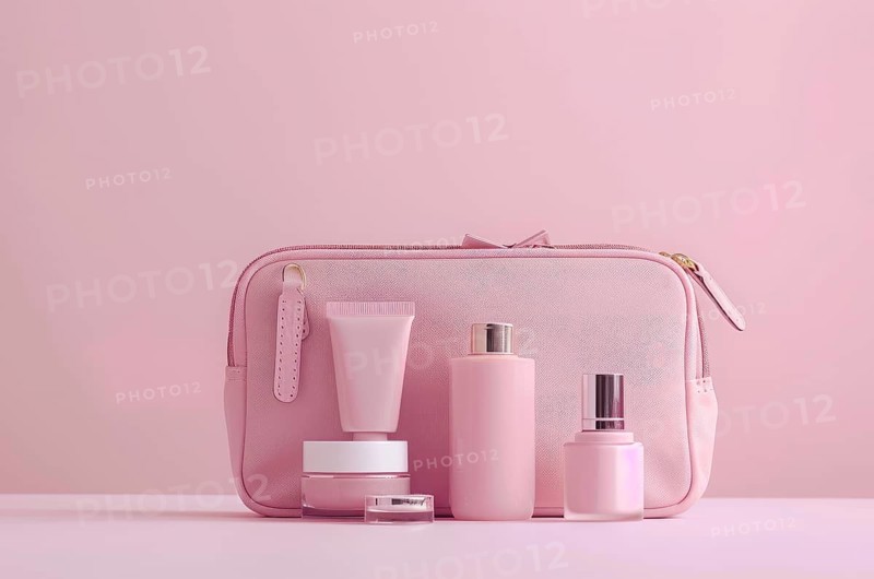 A pink purse with makeup and other cosmetic beauty items on a table, AI generated