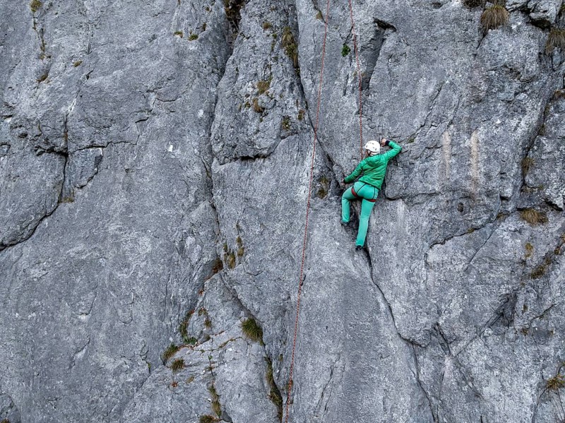 Sport climbing with rope, climber on a rock face, Frauenwasserl climbing garden, Ammergau Alps, Bavaria, Germany, Europe