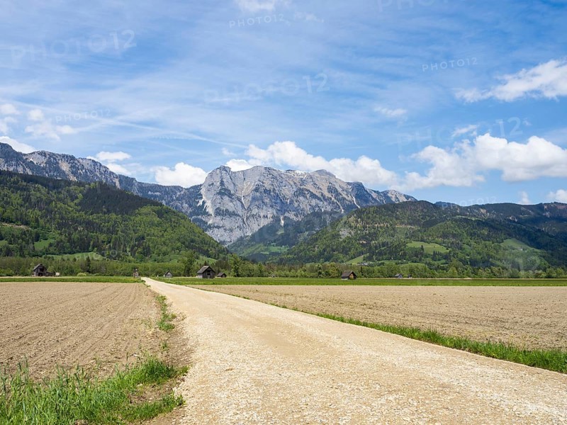 Field path leads through farmland, mountain range behind, near Woerschach, Ennstal, Styria, Austria, Europe