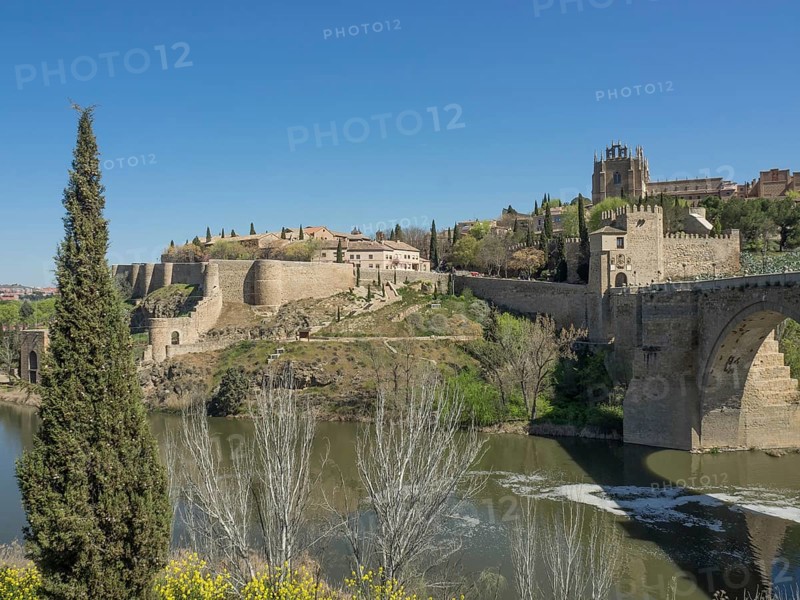 View of a fortress and historic walls over a river with cypress trees and green vegetation under a clear blue sky, historic stone bridge with an old tower and an old town in the background over a wild river, Toledo, Spain, Europe
