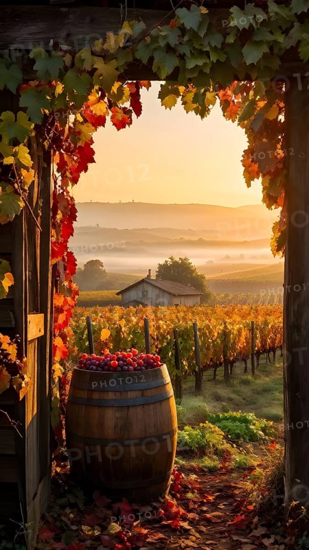 Rustic vineyard cottage nestled in a canopy of vines leaves showcasing autumns color palette in the golden hour, AI generated