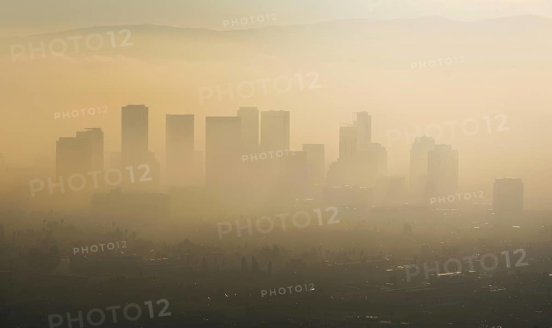 Urban landscape shrouded in smog with tall buildings barely visible AI generated