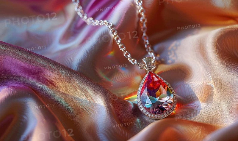 A stunning gemstone pendant suspended on a delicate chain against a backdrop of silky satin material AI generated