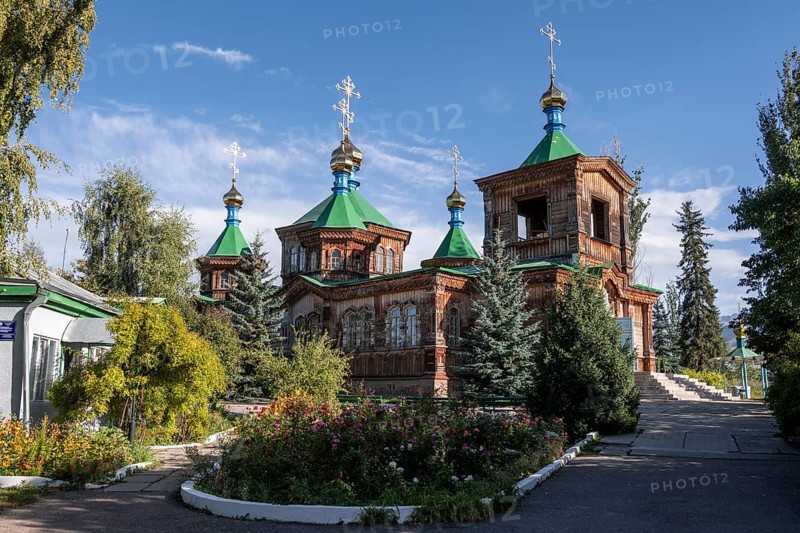 Russian Orthodox Church Cathedral of the Holy Trinity, wooden church with green spires, Karakol, Kyrgyzstan, Asia