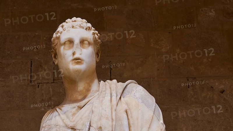 Close-up of an ancient marble statue with curly hair, 2nd century BC statue, courtyard, Grand Master's Palace, Knights' Town, Rhodes Town, Rhodes, Dodecanese, Greek Islands, Greece, Europe