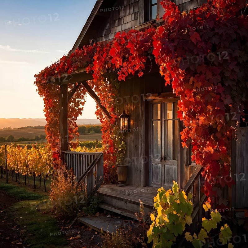 Close up of a rustic vineyard cottage nestled in a canopy of vines leaves showcasing autumns color palette in the golden hour, AI generated