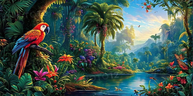 AI generated illustration of an enchanted fairy tale jungle inhabited by magical fantasy animals in vibrant colors