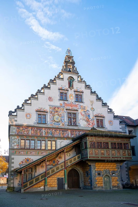 Old town hall with colourfully painted, richly decorated facade with open staircase, Lindau Island, Lake Constance, Bavaria, Germany, Europe
