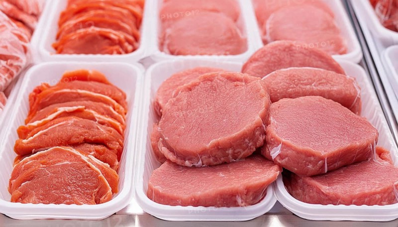 Meat, raw pork, schnitzel, in a display of a butcher's shop, AI generated, AI generated