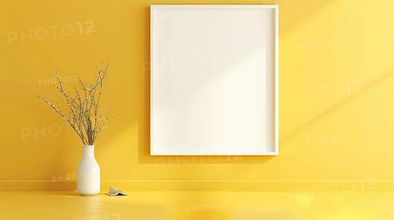 Empty frame on a yellow wall with a vase and flowers on the left, sunlight creating shadows, AI generated