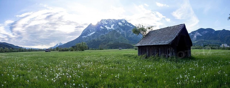 Evening mood, hay barn in a meadow, Grimming, panoramic shot, near Irdning, Ennstal, Styria, Austria, Europe