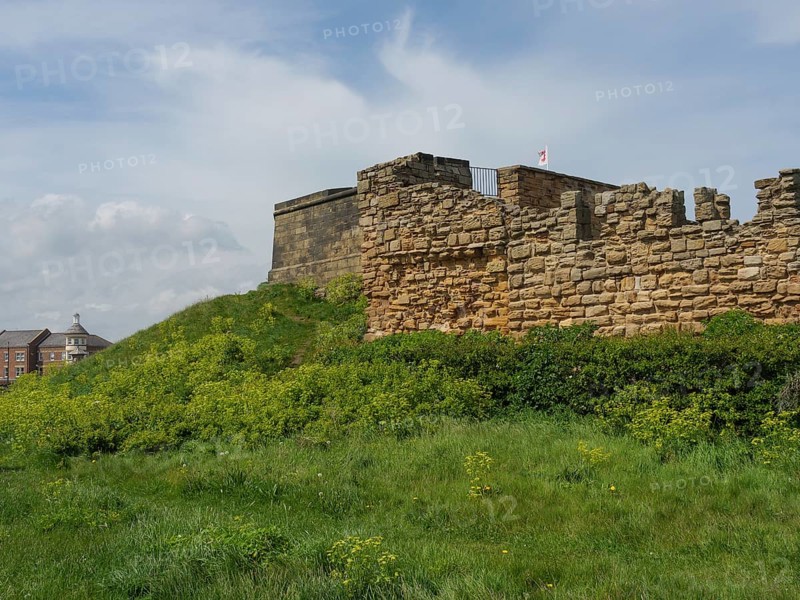 A solid fortress wall on a grassy hill under a blue sky, ruins and old stone walls by the sea, green fields with ruins, Newcastle, England, United Kingdom, Europe