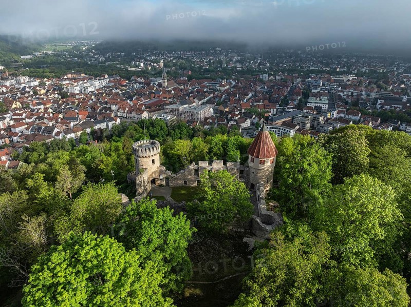 Aerial view of the Honburg castle ruins on the Honberg with the town of Tuttlingen, district of Tuttlingen, Black Forest, Baar, Heuberg, Baden-Wuerttemberg, Germany, Europe