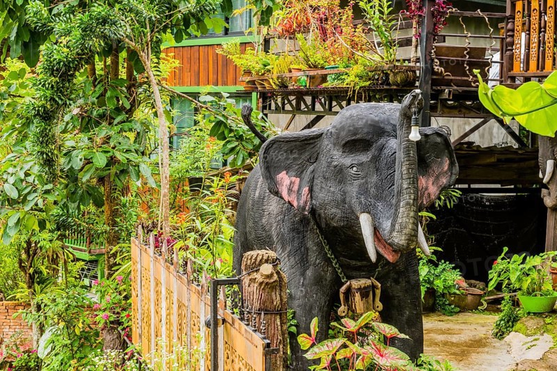 Statue of gray elephant with light blub hanging from trunk standing in front of homestay facility in Thailand