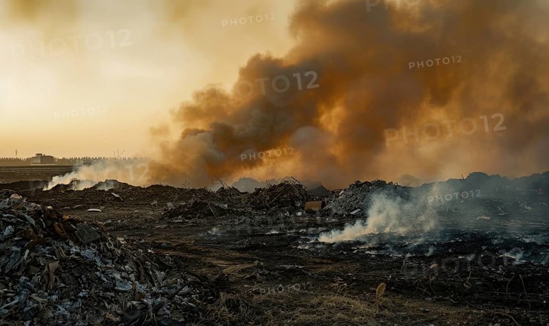 Smoke rising from a burning landfill, air pollution AI generated