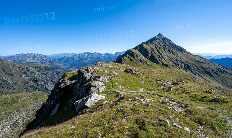 Hiking trail in idyllic mountain landscape, summit Steinkarspitz or Monte Antola, Carnic High Trail, Carnic Main Ridge, Carnic Alps, Carinthia, Austria, Europe