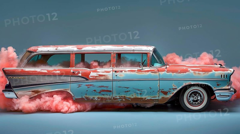 A classic car on a blue background with pink smoke swirling around it, AI generated