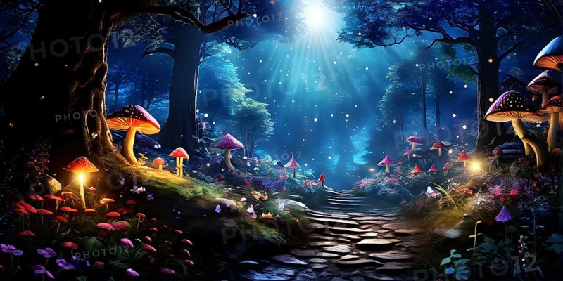AI generated enchanted forest illustration intertwining trees aglow with magical light