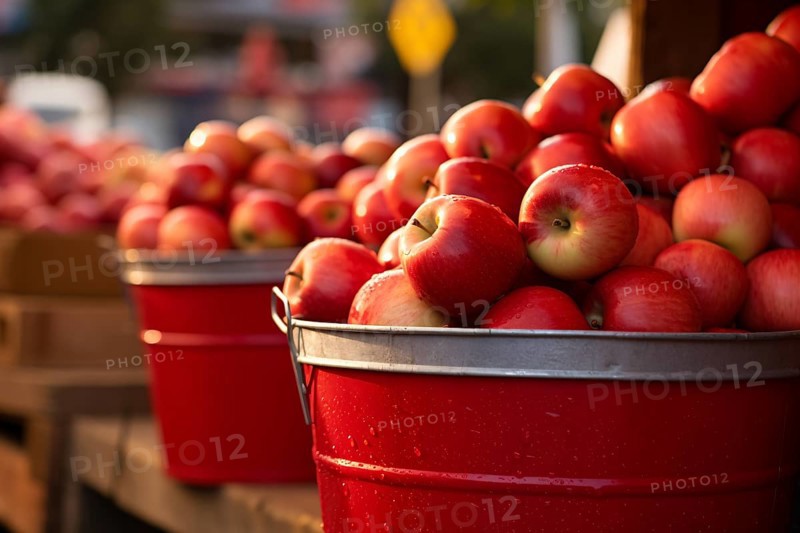 Baskets with red apples at market, AI generated