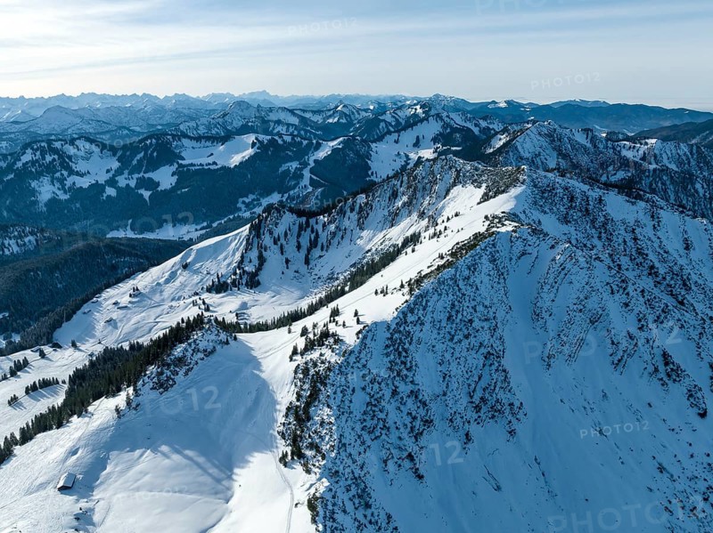 Benzingspitz and Jaegerkamp, Prealps in winter with snow, Mangfall mountains, Bavarian Prealps, Bavaria, Tyrol, Germany, Europe