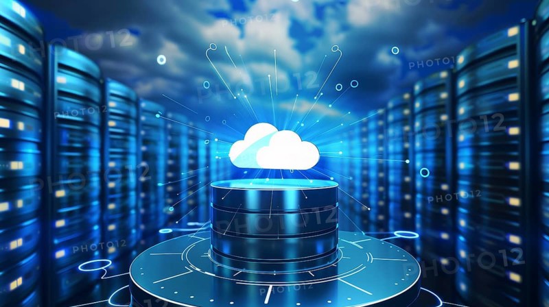 Futuristic data center with a glowing cloud symbol denoting cloud computing, AI generated
