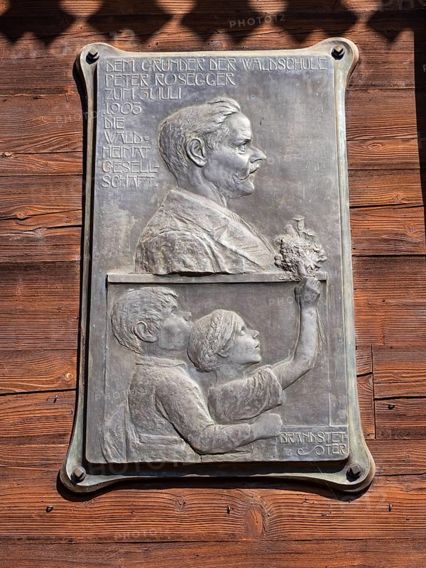 Memorial plaque for Peter Rosegger, founder of the forest school, Alpl near Krieglach, Waldheimat, Styria, Austria, Europe