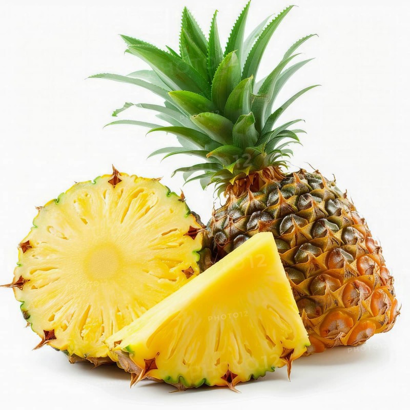 Tropical pineapple displayed with slices revealing its juicy, yellow flesh, AI generated