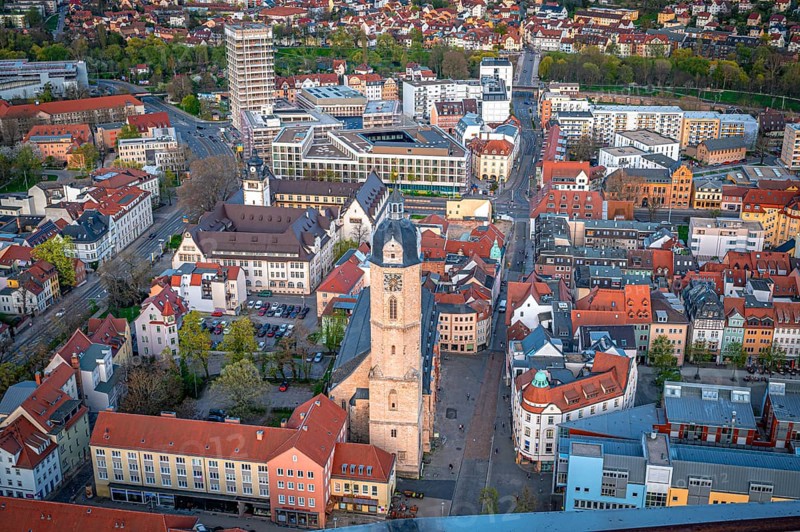 The Protestant town church of St Michael in Jena from above with the new university campus complex in the background, Jena, Thuringia, Germany, Europe