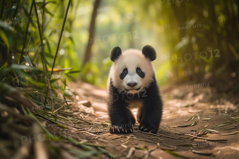Cute panda cub in a lush bamboo grove, The image showcases the beauty and serenity of nature and wildlife. Endangered species, AI generated