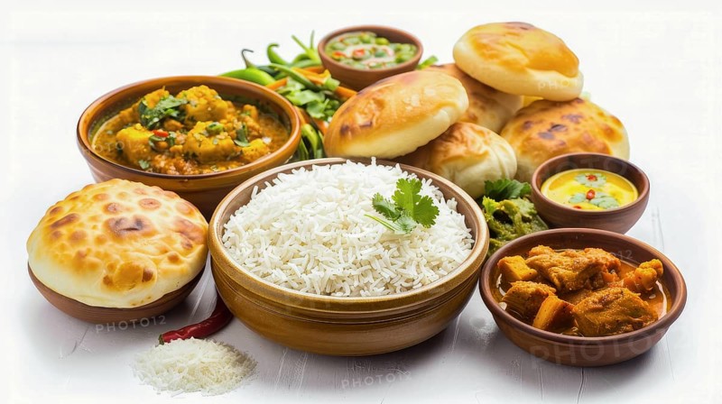 Traditional Indian meal with chicken curry, lentils, and bread, served in terra cotta bowls, AI generated