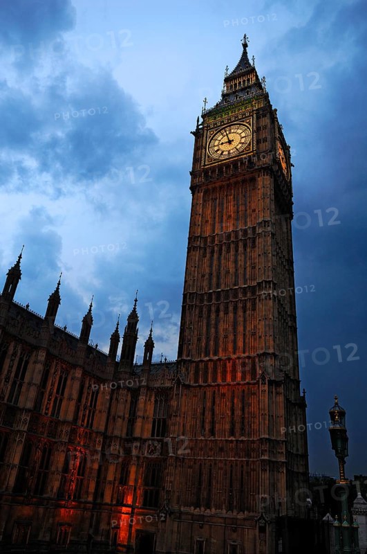 Big Ben at dusk left parts of Westminster Hall, Bridge Street, London, England, Great Britain