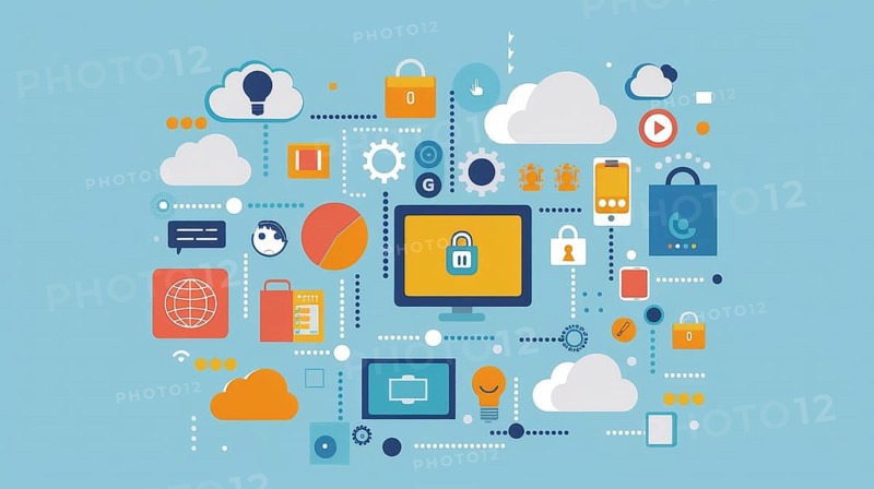 Colorful abstract flat design of cloud computing and internet security icons, AI generated