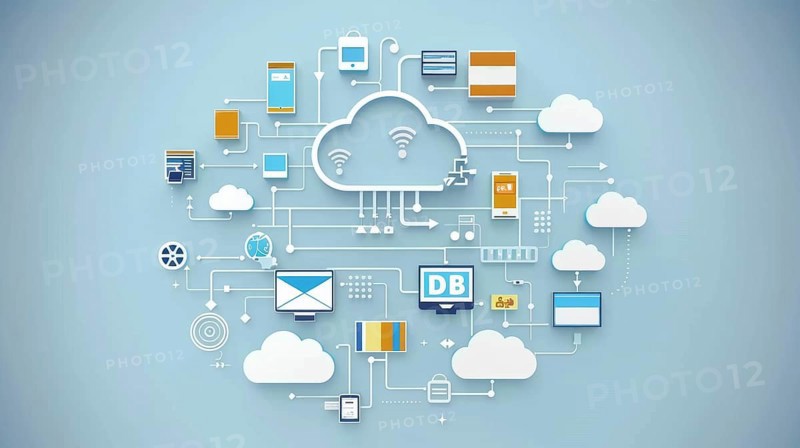 Digital illustration depicting a cloud network with various technology icons connected in a minimalistic light blue theme, AI generated