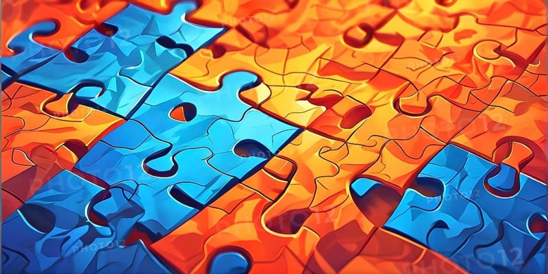 Illustration of scattered blue and orange puzzle pieces sprawled across as a wallpaper background, AI generated
